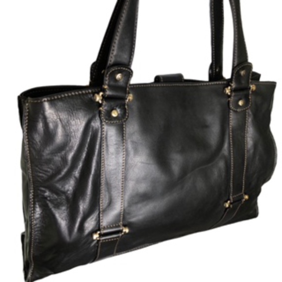 Liz Claiborne Handbags - Liz Claiborne Black Leather Tote with Center Zip Divider Pouch and Pockets